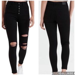 American Eagle Super Hi Rise Jegging Distressed Button Fly Jeans Black Sz 8 LONG